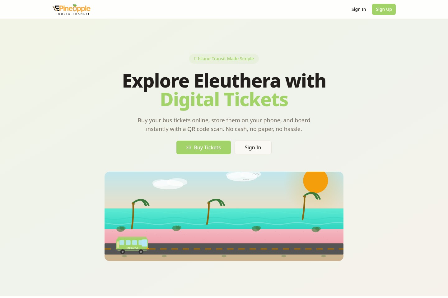 Actual Pineapple Public Transit homepage with digital ticketing and island transit illustration