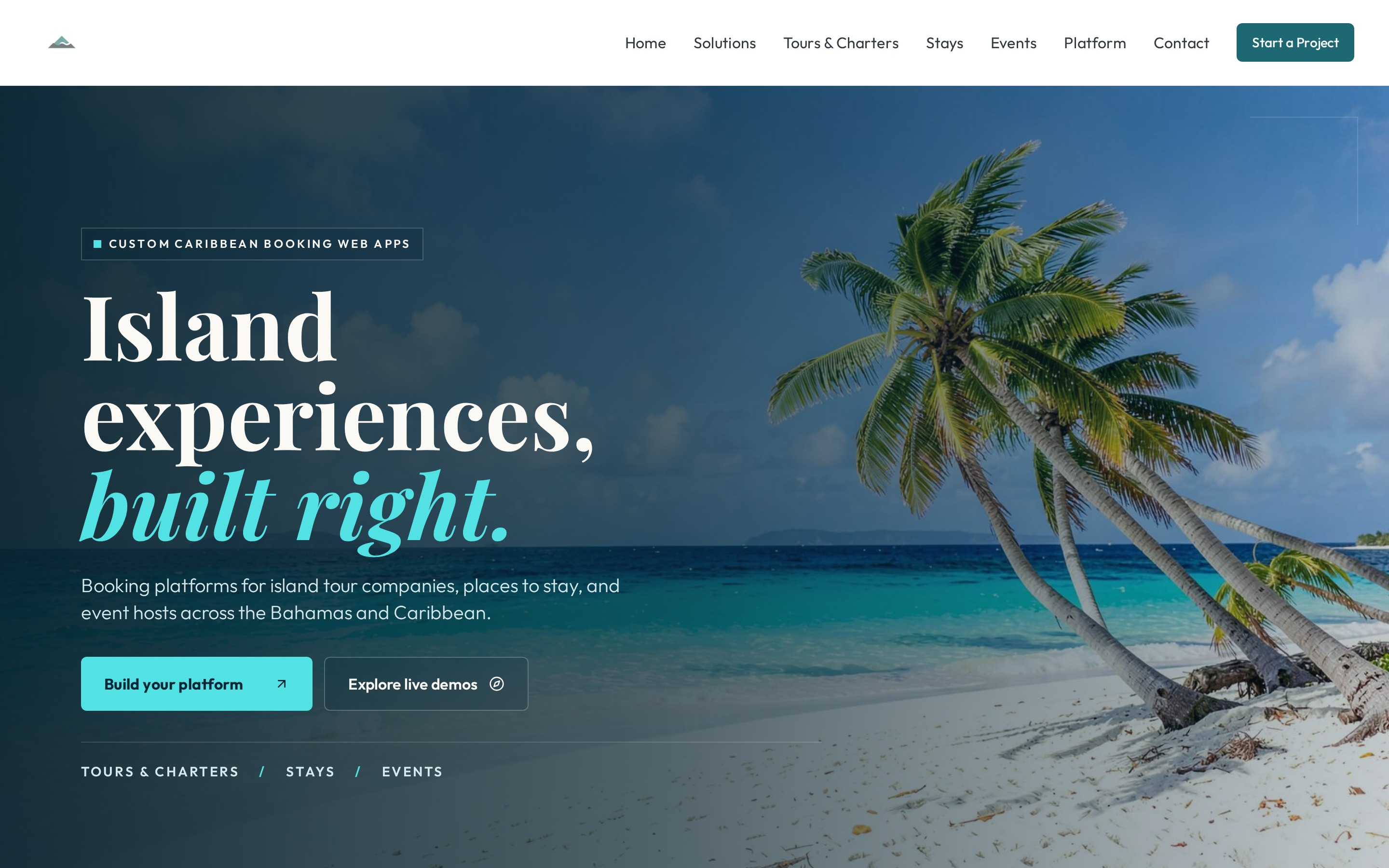 Actual Island Booking Engine homepage with its Caribbean booking platform hero