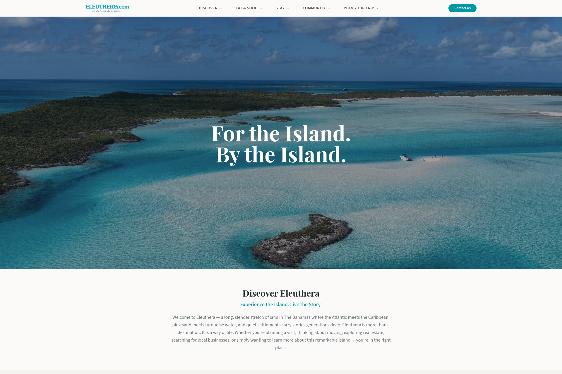 Saved Eleuthera.Com redesign demo homepage capture showing For the Island, By the Island and Discover Eleuthera