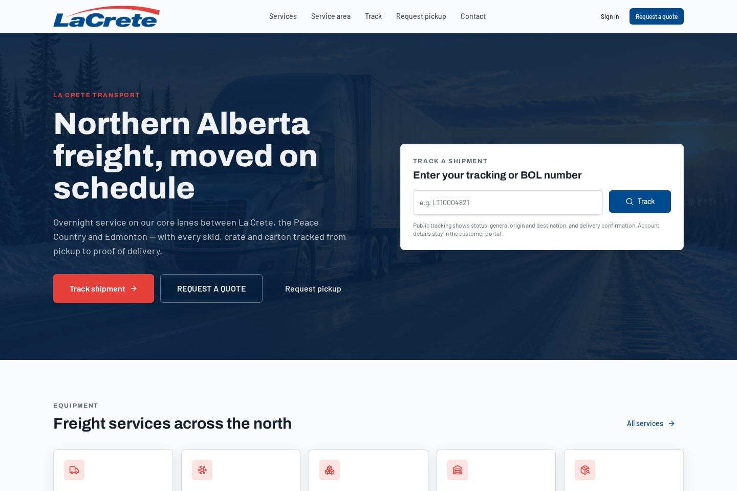 Actual LA Trans Freight homepage with freight tracking and pickup request paths
