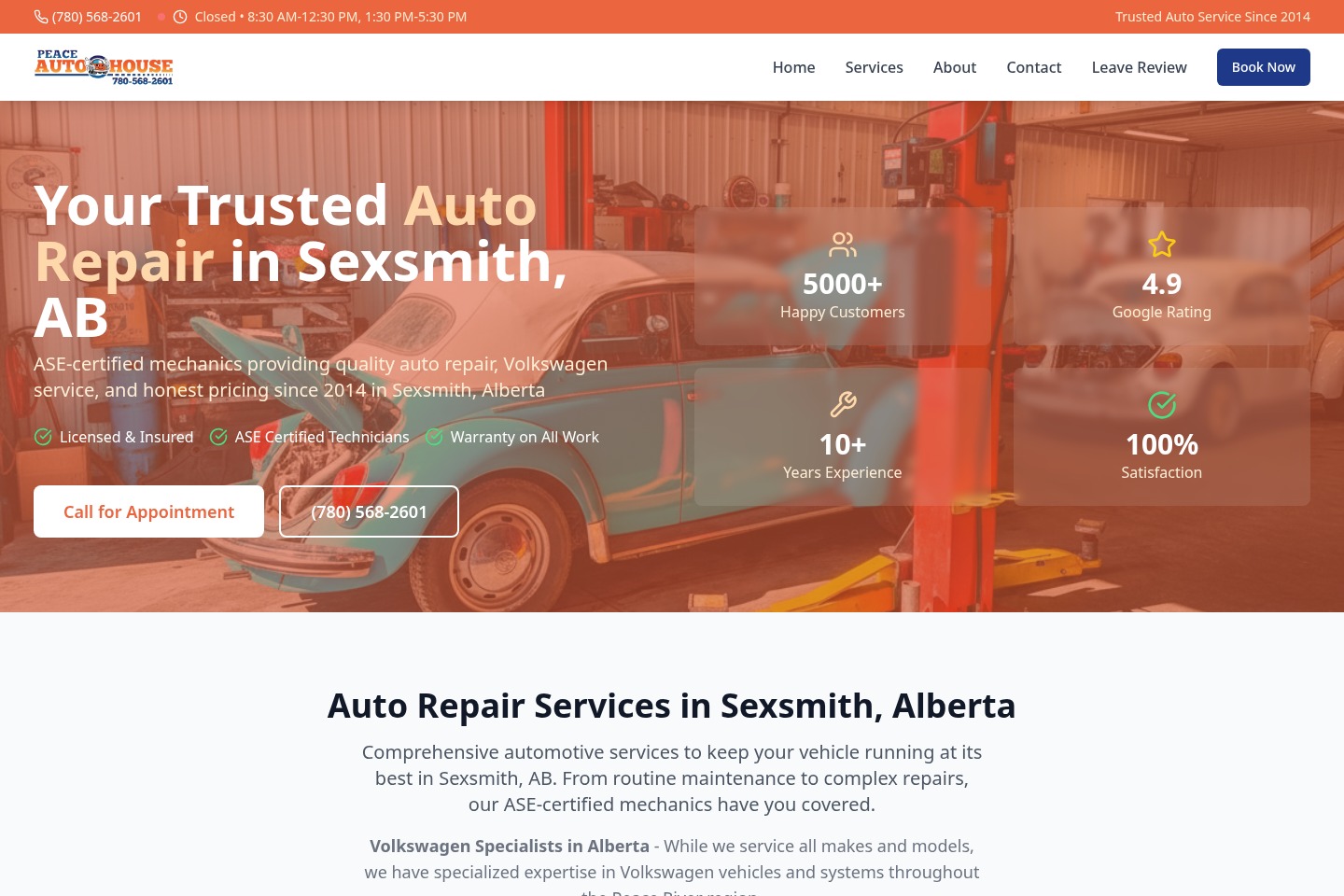 Actual Peace Autohouse homepage with auto repair services, booking and contact options