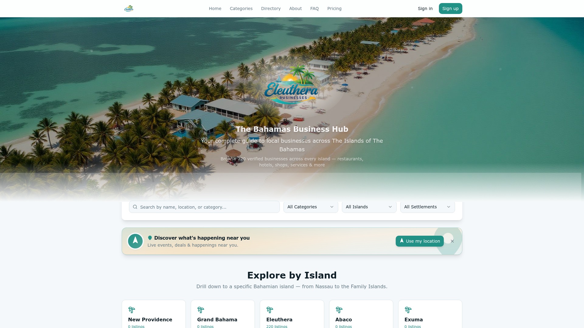Eleuthera Business Hub public homepage showing business search, island filters and location discovery