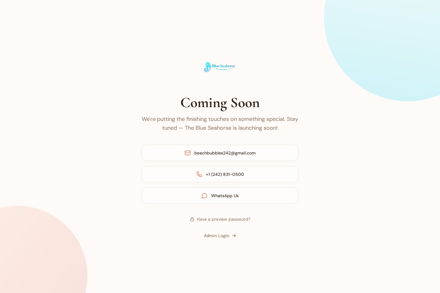 Actual The Blue Seahorse public coming-soon page