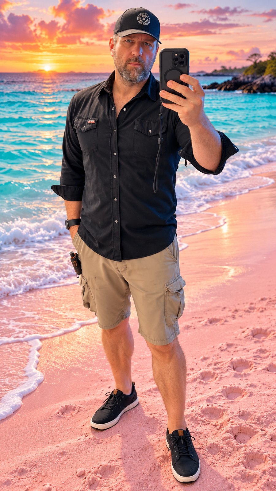Doug Wiebe standing on a pink-sand beach in The Bahamas at sunset