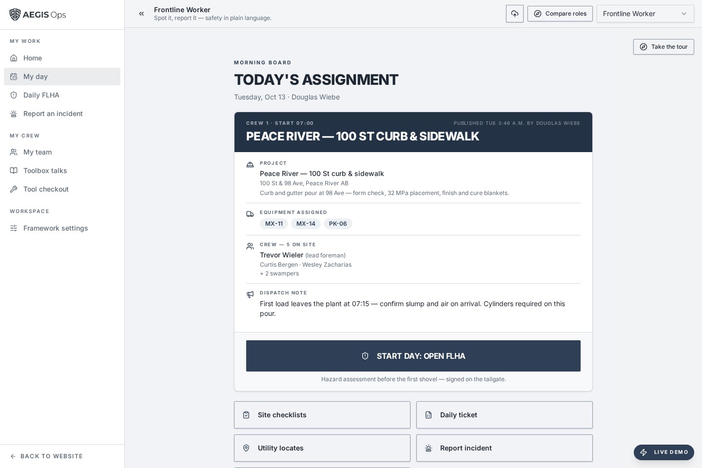 Actual AegisOps crew demonstration workspace showing assignments and daily safety tasks