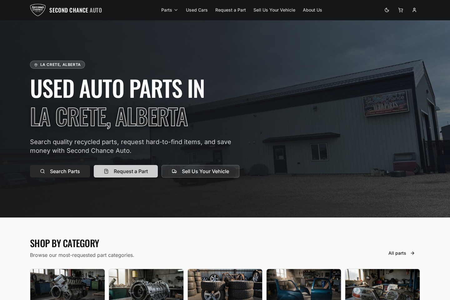 Actual Second Chance Auto website with recycled-parts search and category browsing