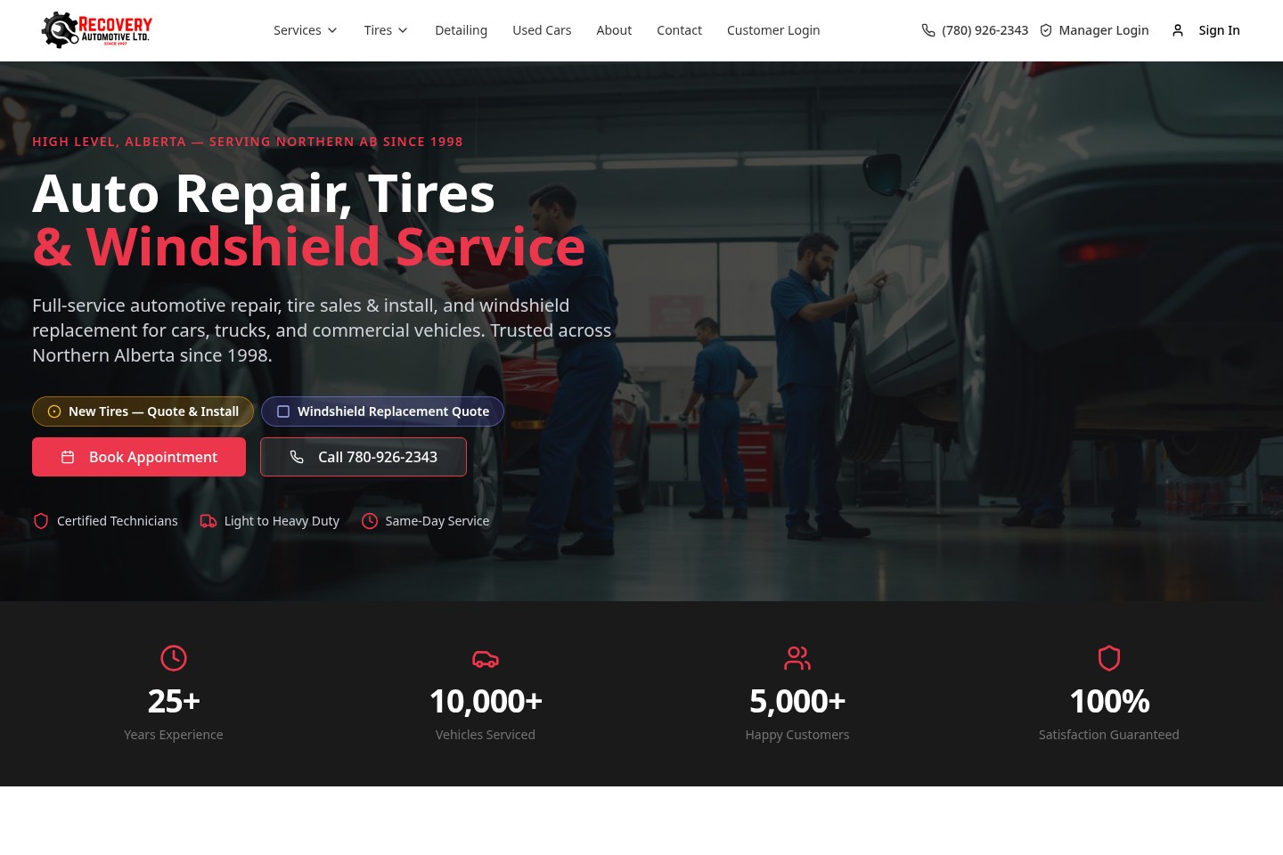 Actual Recovery Automotive public website with service and customer portal navigation