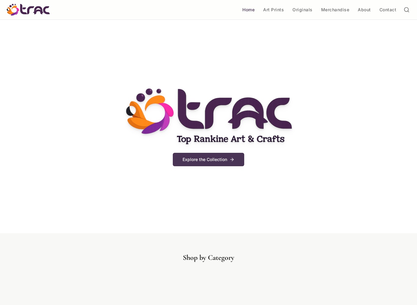 Actual TRAC Top Rankine Art & Crafts homepage with its logo and collection navigation