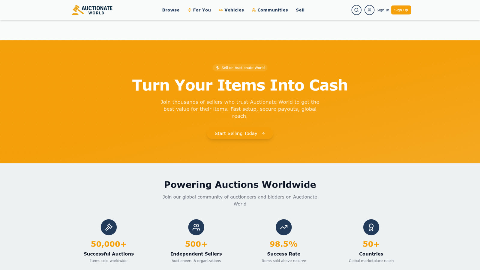 Auctionate World seller page describing how to list an item, set terms and get paid