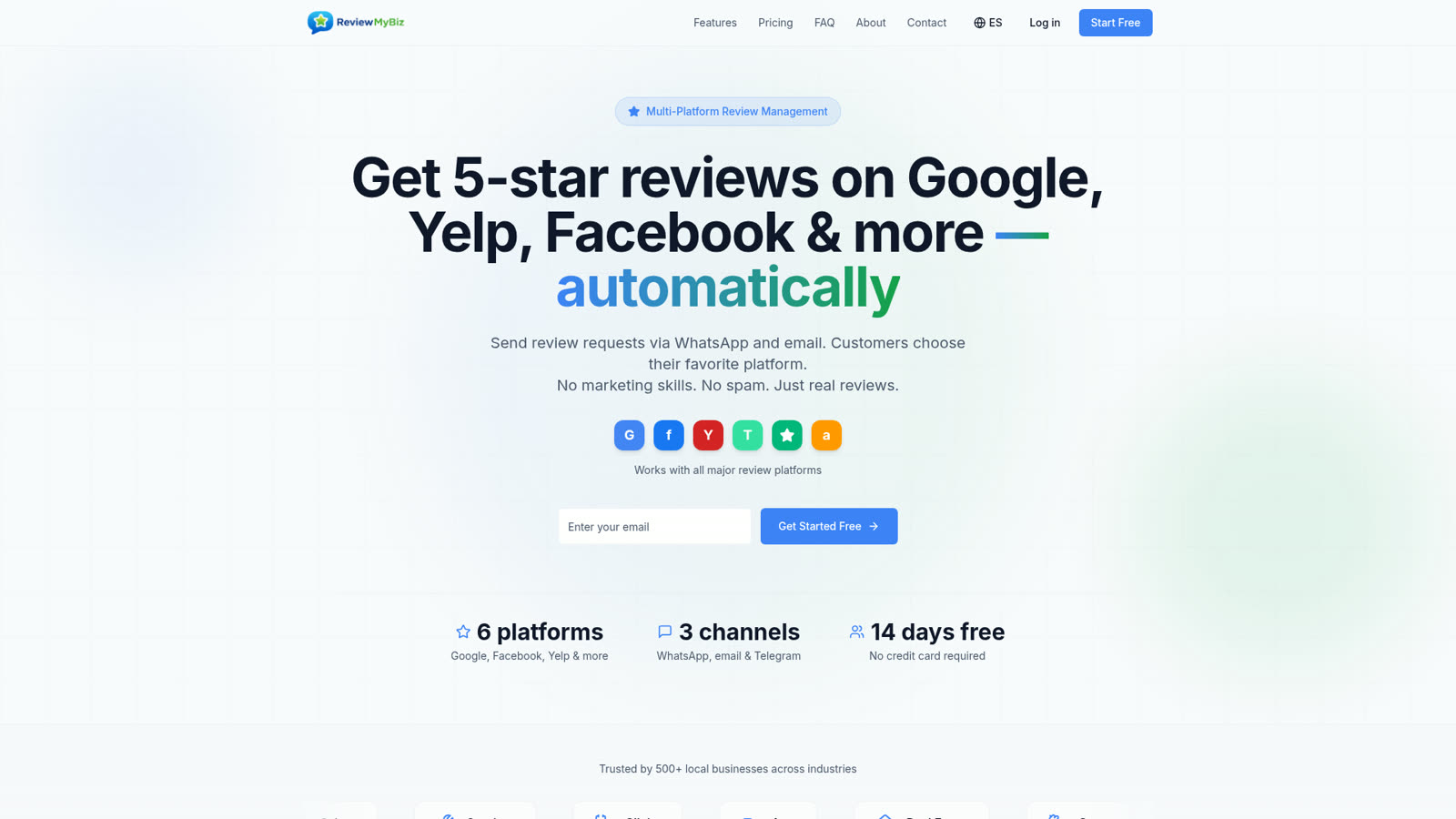 ReviewMyBiz product homepage explaining automated review requests over WhatsApp, email and Telegram