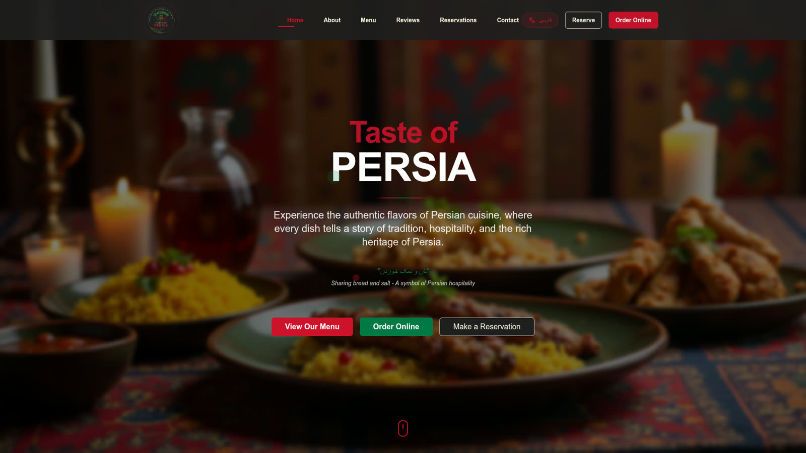 Taste Of Persia public homepage with menu, online ordering and reservation links